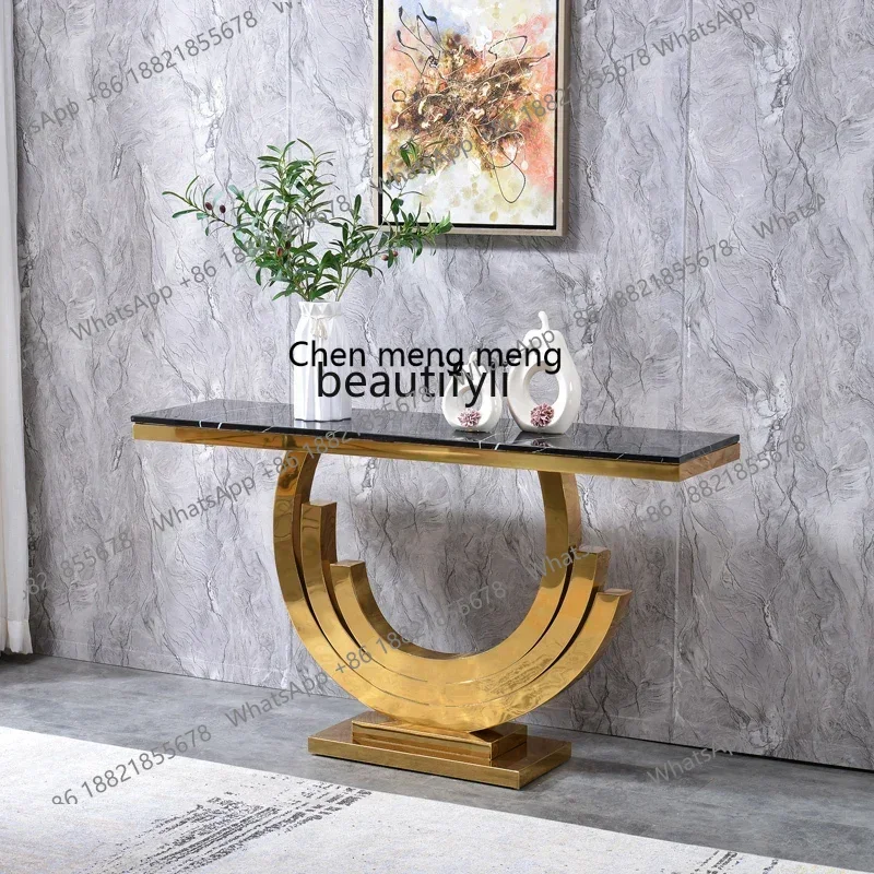 32Light luxury entrance table stainless steel titanium creative entrance cabinet marble entrance table against the wall