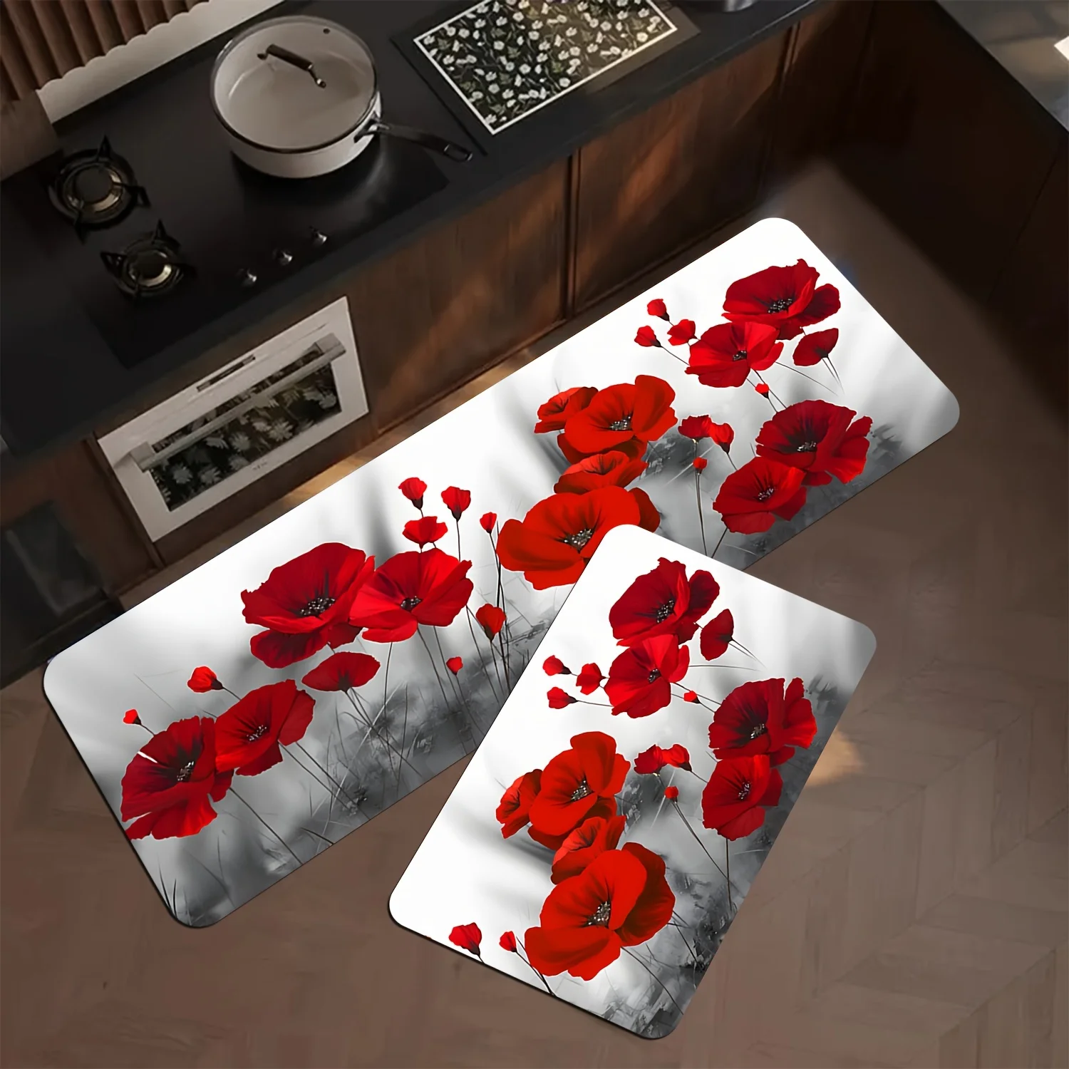 Red Poppy Flower Printed 2 Piece Kitchen Rug Set Non-Slip Absorbent Machine Washable Floor Mat for Home Farmhouse Decor