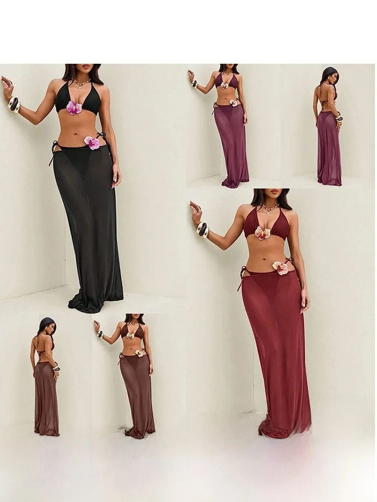 Sexy Floral Bikini Pure Color Women's Swimsuit Sun Protection Slimming Casual Surfing Swimsuit with Chest Pad No Steel Support