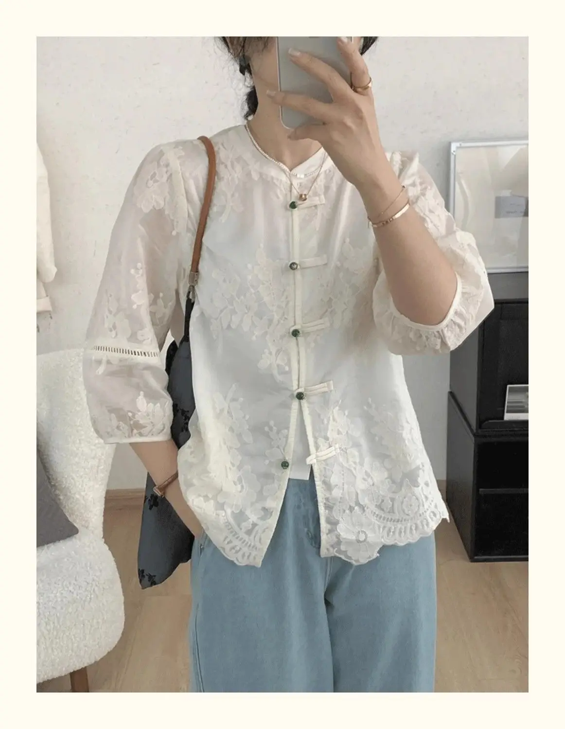 

Shirt Fashion Chinese Embroidery Women Lace Button Stand Collar Blouse Vintage Lantern Sleeve Loose Tops 2024 Grace Shirt Women