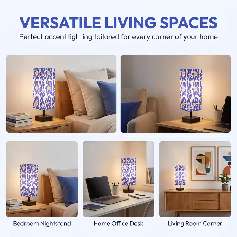Modern Colorful Floral Table Lamp Pop Art Bedside Nightstand Lamp Warm Diffused Light Effortless Control Compact Stable Base With Blue Yellow Printed Fabric Shade Decorative Accent Desk Light For Bedroom Living Room Dorm Office & Home Decor view 3