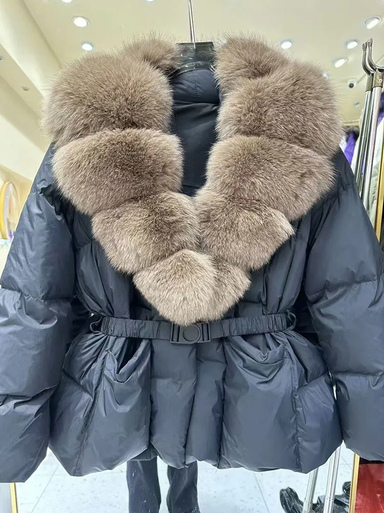 Super Big Real Fox Fur Winter Women 90% White Duck Down Jacket 2025 Ladies Slim Warm Puffer Coat Female Thick Parkas