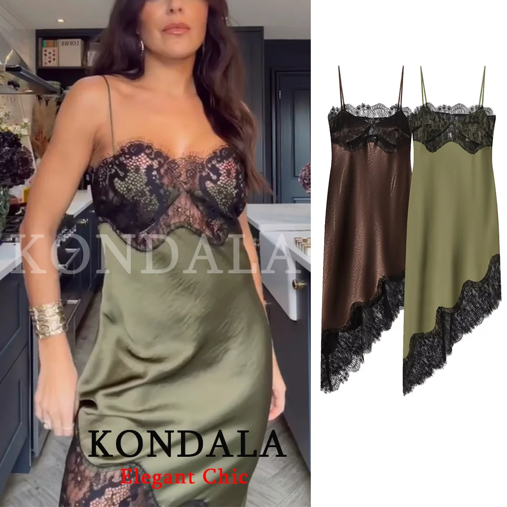 KONDALA Elegante Trendy Dame Kant Midi Cami Jurk Asymmetrie Jurk 2026 Lente Zomer Mode Etentje Mujer Jarretel Jurk