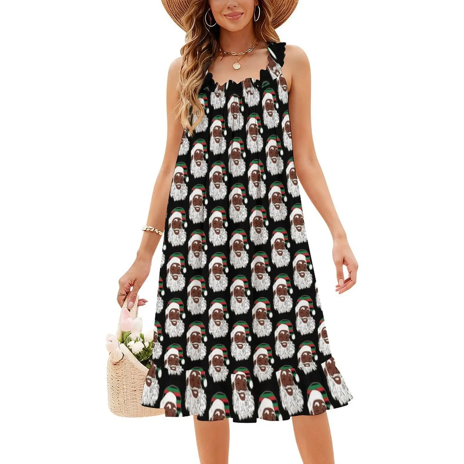 غمزة سوداء سانتا كلوز عيد الميلاد عيد الميلاد عموم الأفريقي البوهيمي فستان بلا أكمام متعدد طباعة شاطئ عطلة فستان الحفلات غمزة #5
