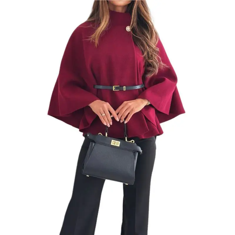 

ABZS Women Batwing Sleeve Ponchos Pea Coat Stand Collar Capes Jacket Cloak Elegant Wool Coat With Belt