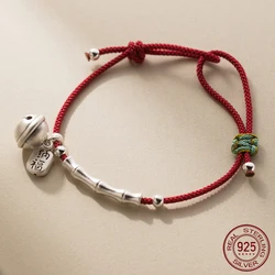 Fit 23cm 999 Silver Rope Bracelets Women Retro Bell Lucky Red Thread Line String Bracelets For Women Girls Kids Silver Bamboo