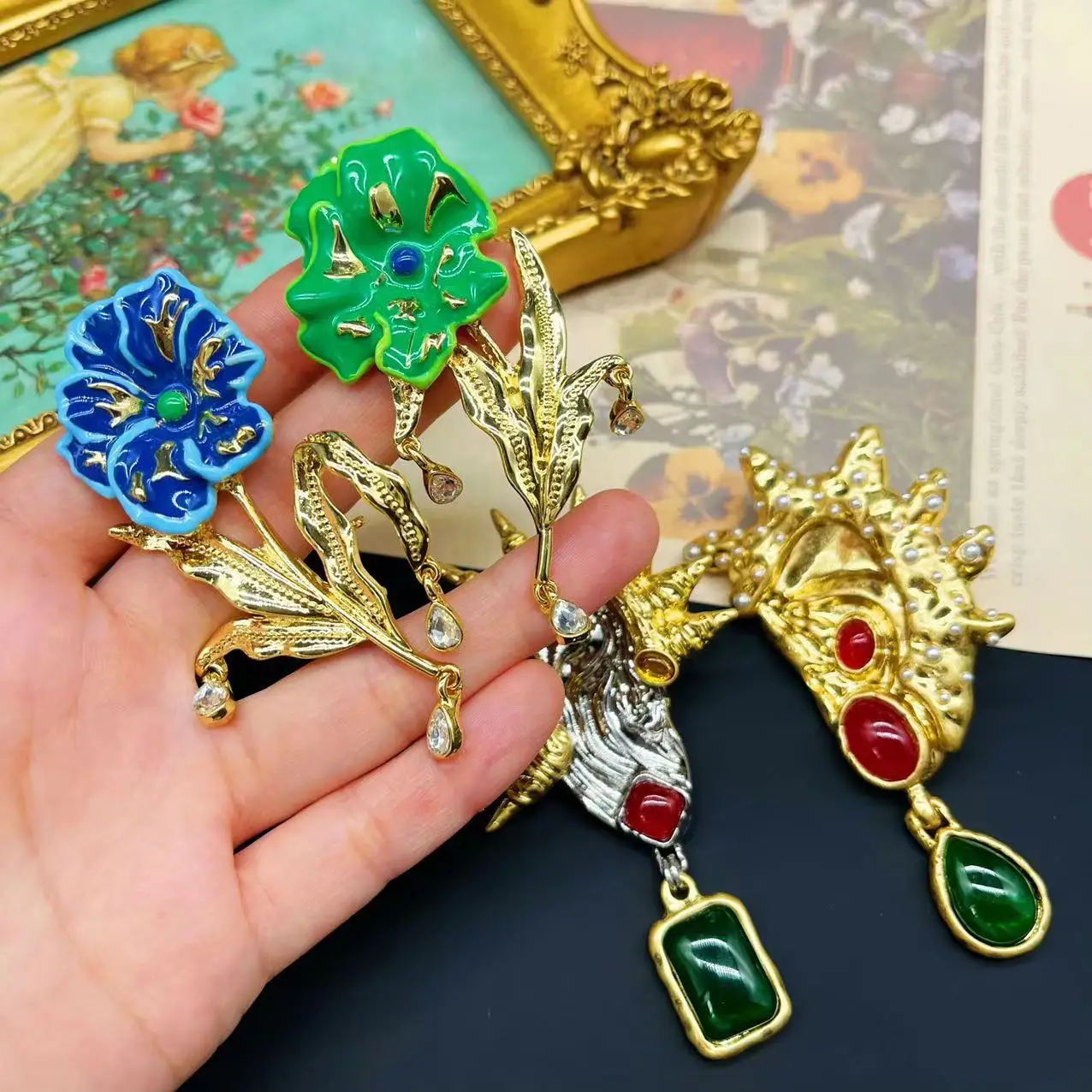 

Antique Jewelry Vintage Enamel Colorful Leaves Flowers Tassels Ears Pearl Shaped Unique Earrings