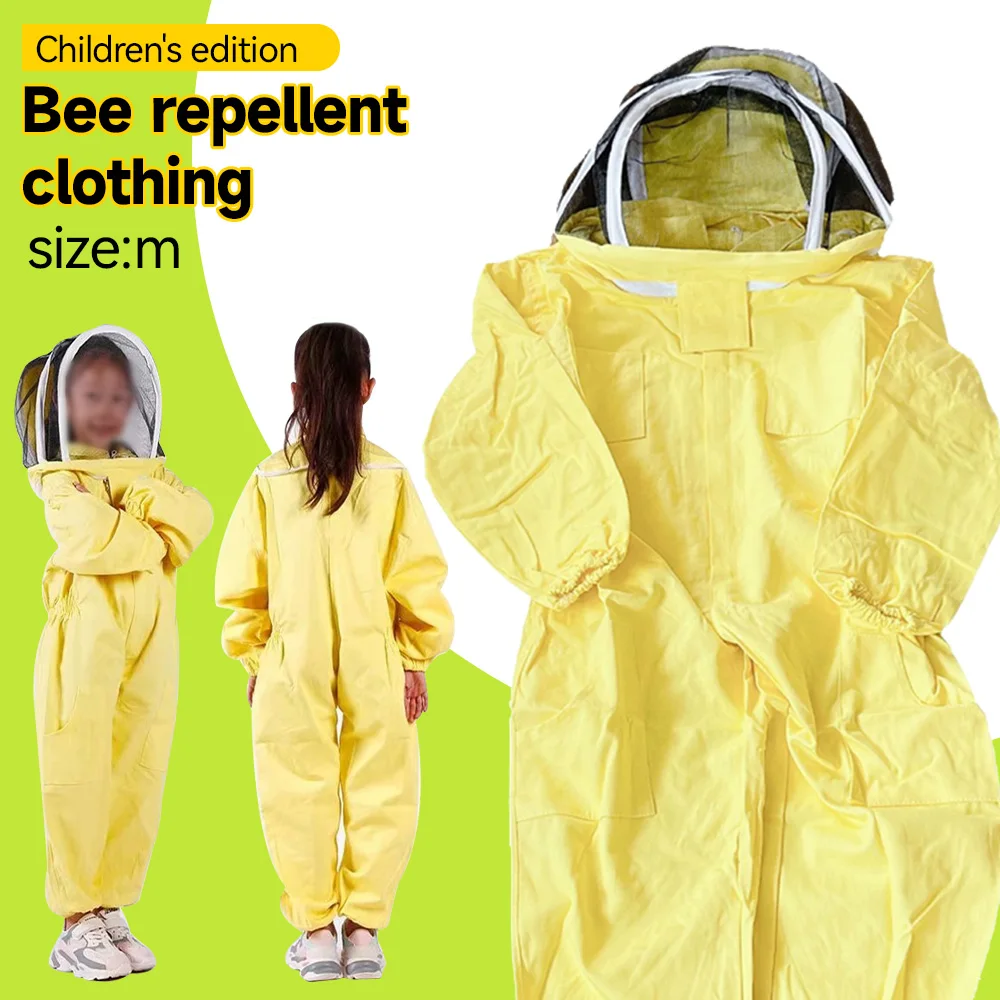 Kids Beekeeping Protective Suit Jumpsuit Full Body Beekeeper Clothing 100% Cotton with Ventilated Veil Hood for Child Boys Girls