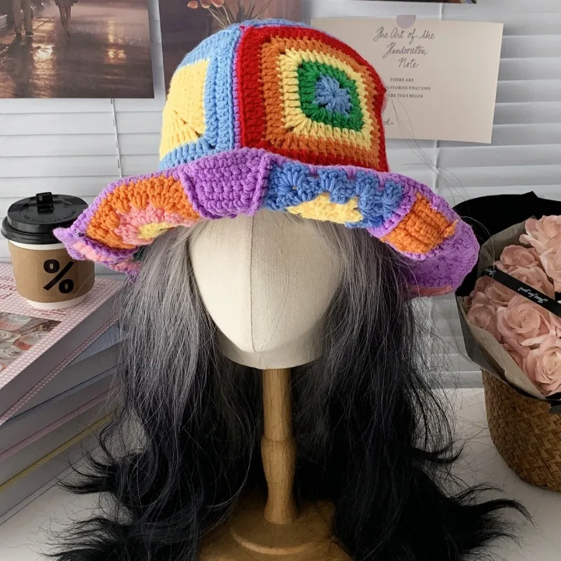 

Korean Contrasting Color Flower Handmade Crochet Bucket Hats Women Spring and Autumn Versatile Fashion Big Brim Retro Basin Cap