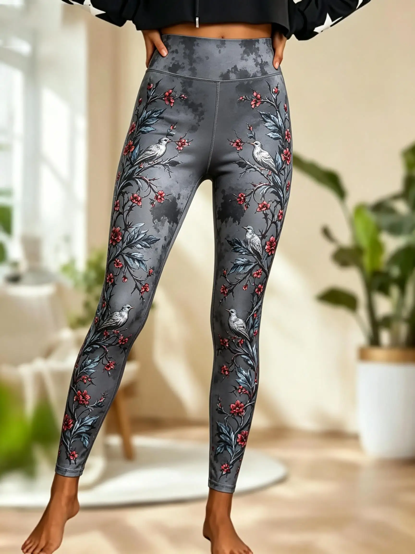 Women Fleece‑lined Mid‑rise Leggings Tropical Floral Monstera Leaf Hummingbird Full‑leg Print Slim Stretch Winter Casual Pants