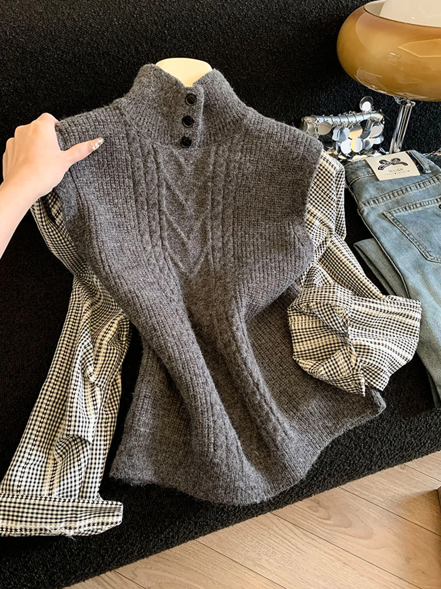 

Emily Clud Recommended Color Blo irt Sve Knitted Sweater Women's Autumn Winter Soft Long Sve Stand Collar Warm Top