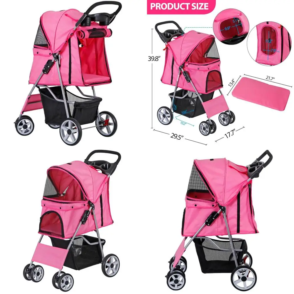 

Коляска для животных на 4 колесах для собак и кошек с корзиной для хранения и подстаканником - розовая