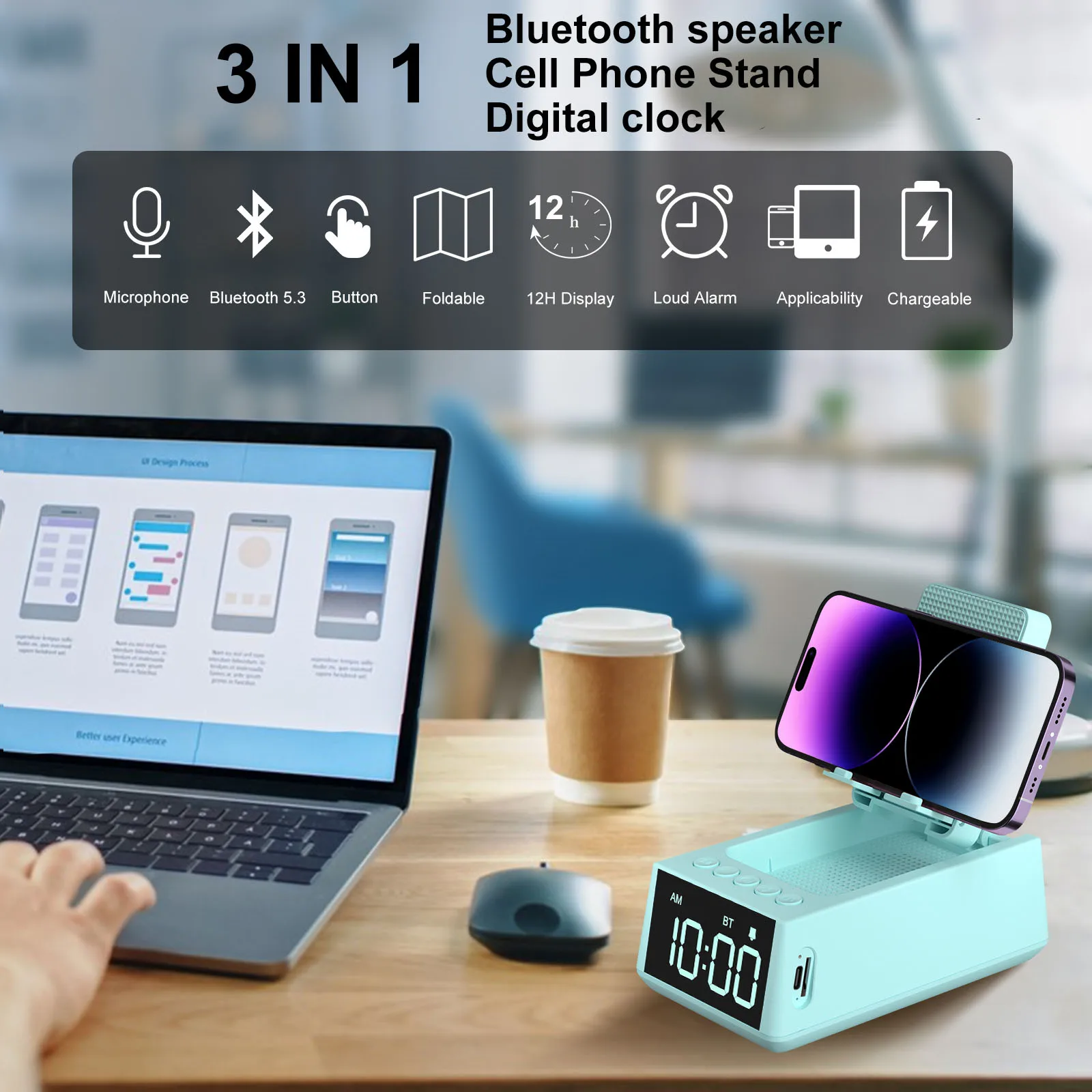 WISETIGER Foldable Phone Stand Bluetooth Speaker BT 5.3 Wireless Sound Box with Loud Alarm Clock 12H Display Home Speaker