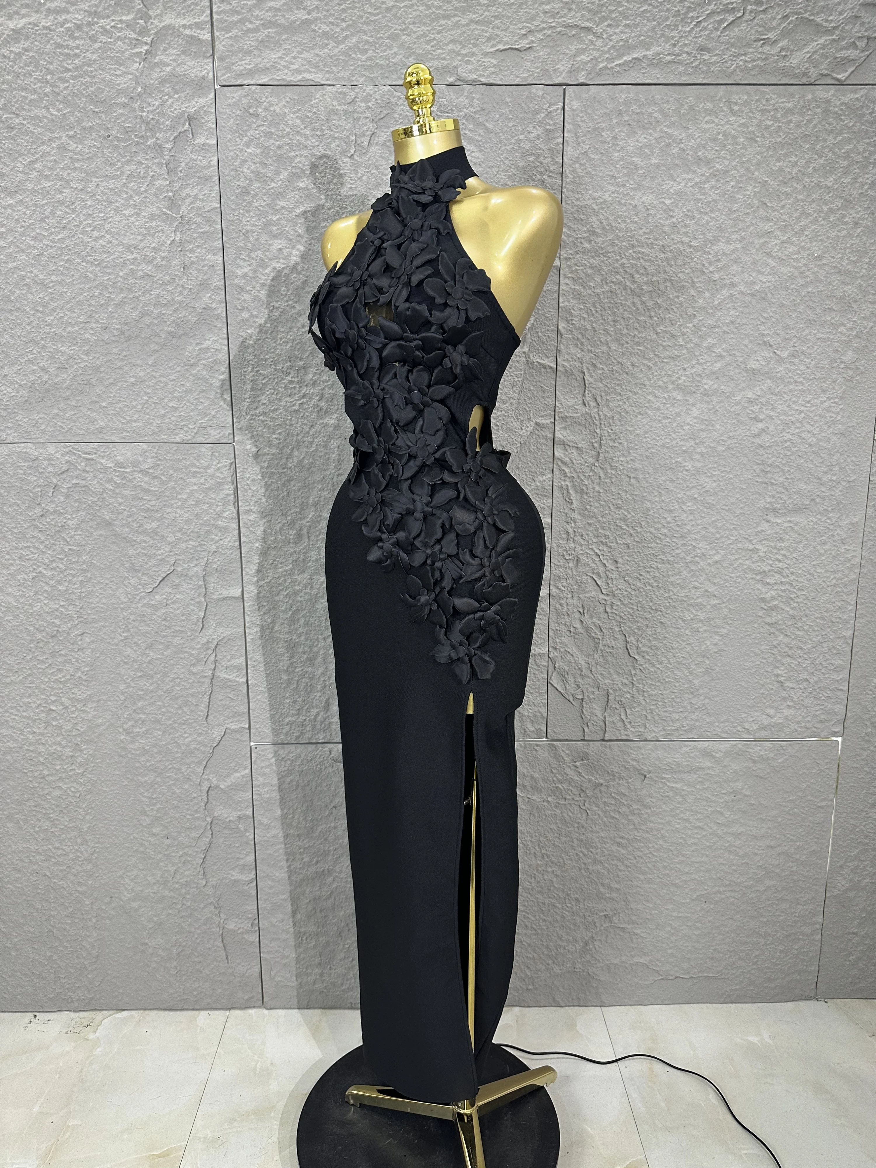 Luksusowa Impreza Urodzinowa Elegancka Dzianinowa Odzież Sukienka dla Gościa Kobiety Seksowna Bez Rękawów Kwiatowa Midi Rozcięcie Obcisła Sukienka Bandage