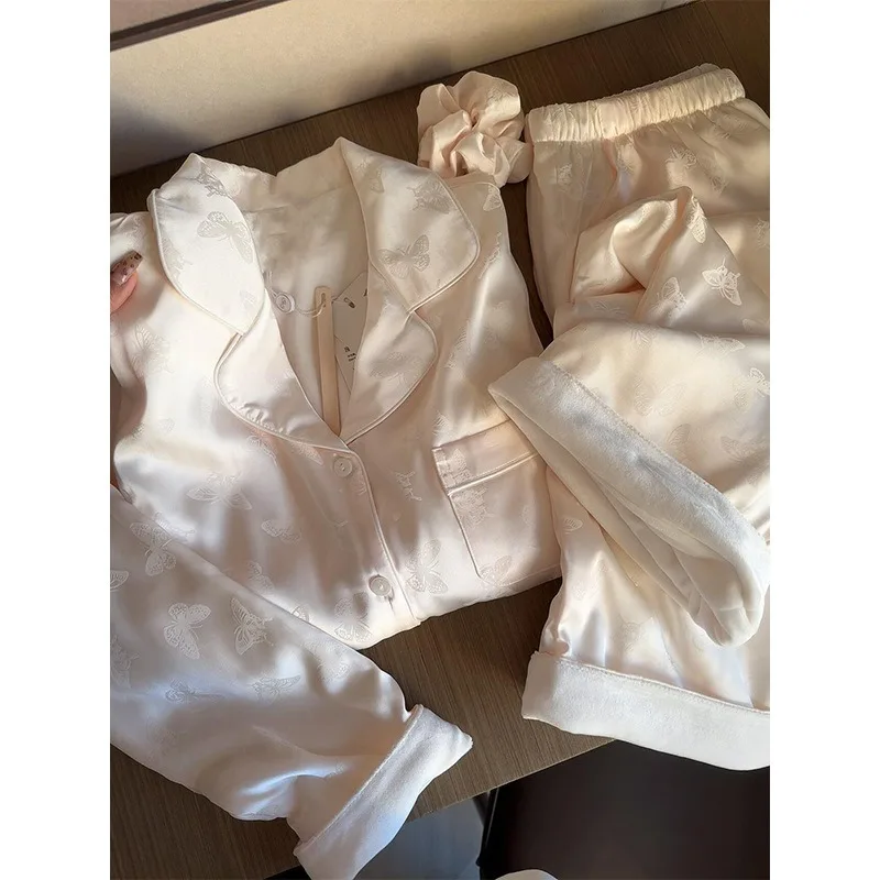 

Women's Autumn Winter Island Fleece Pajamas Set Thickened Cardigan Trousers Indoor Outdoor Comfort Warm Sleepwear Long Sleeves