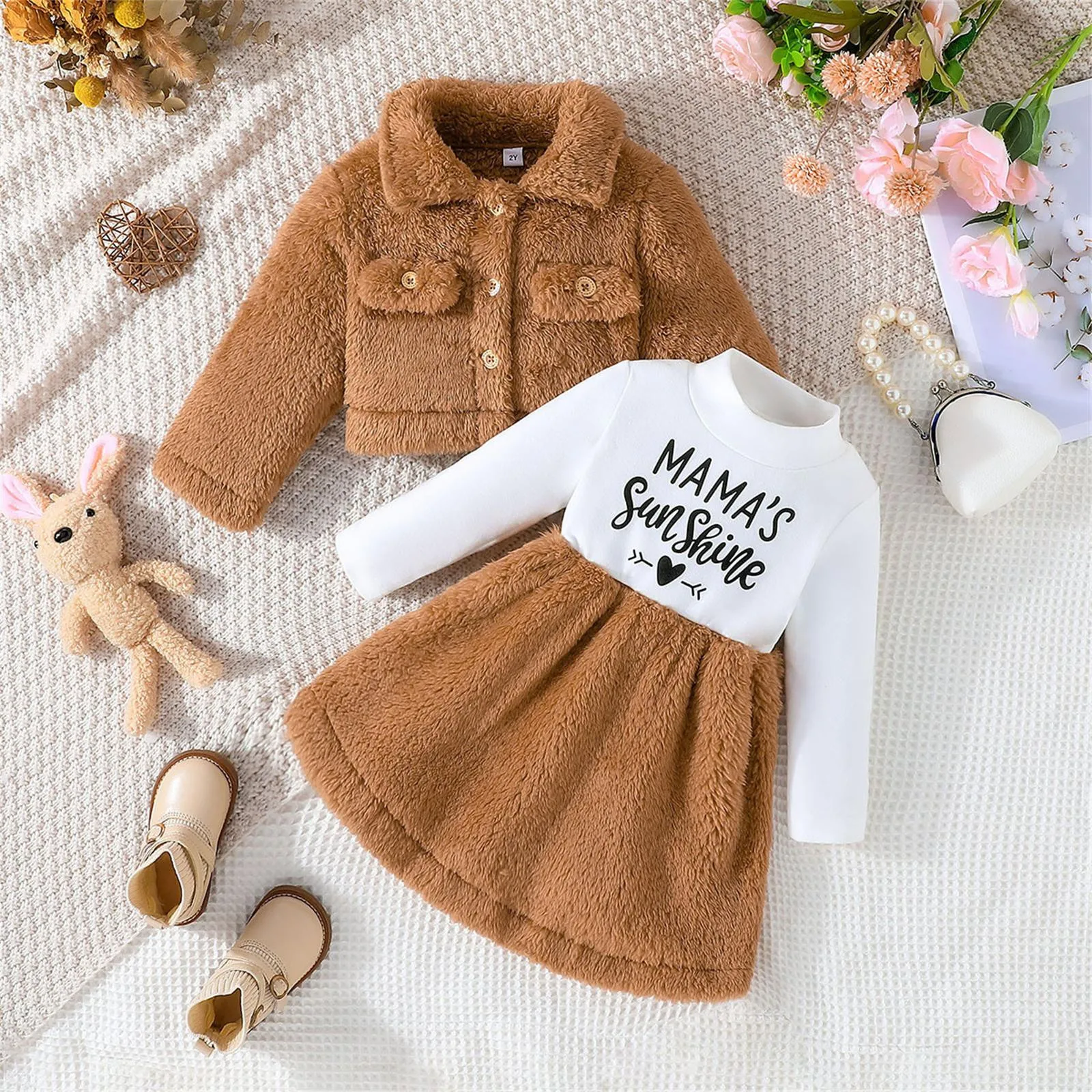 2-6Y autunno inverno risvolto moda cappotto lettera stampa manica lunga Pullover vestito 2 pezzi in pile peloso abiti per bambini vestiti della