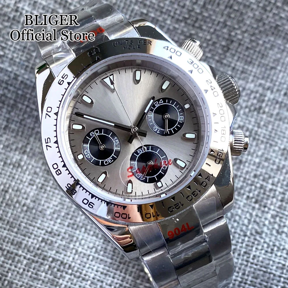 Luxury Fashion 39mm Quartz Chronograph Business Watch For Men VK63 Movement Sapphire Crystal Grey Dial Silver Steel Bezel Insert