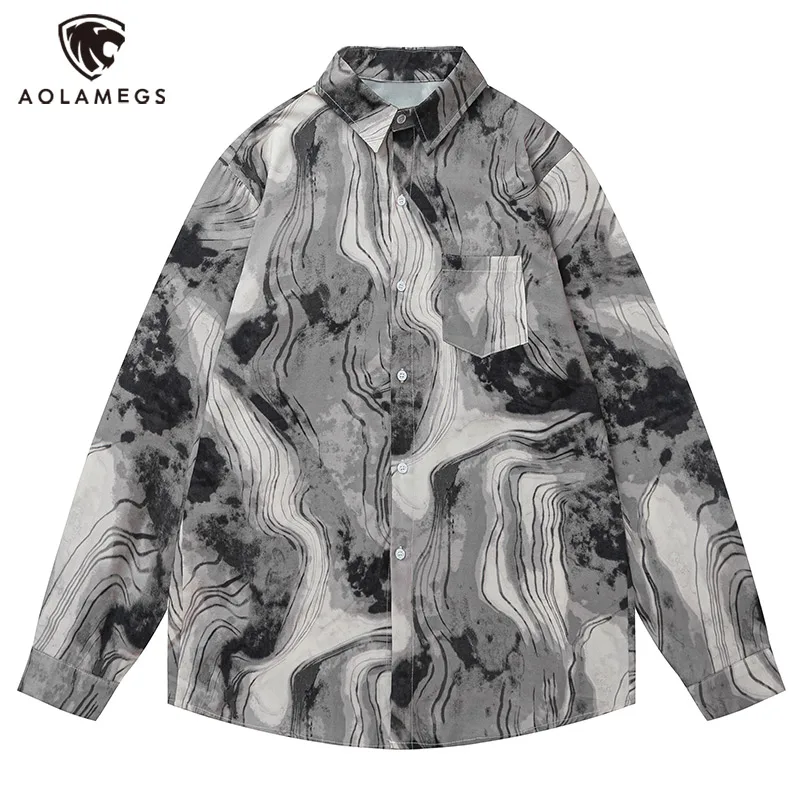 Men's Shirts Ink Print Blouse Retro Chinese Style Tops M-2Xl Unisex Loose Trendy Clothes Autumn Winter Long-Sleeved Lapel Coats