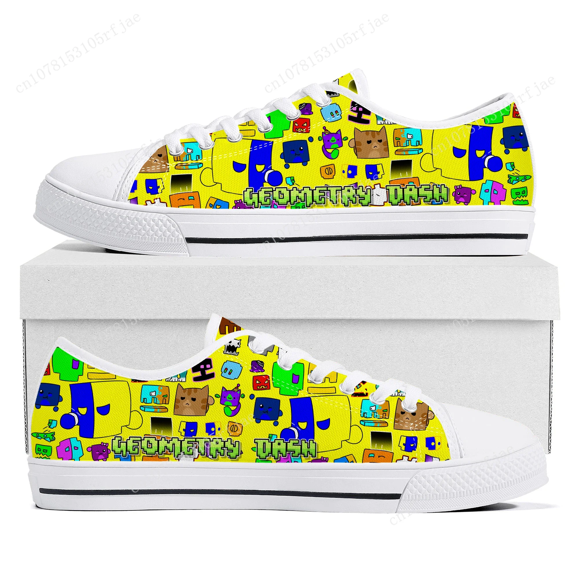 Baskets basses Geometry Dash pour hommes et femmes, chaussures de jeu de dessin animé pour adolescents, toile de haute qualité, chaussures de couple personnalisées, mode de rencontre