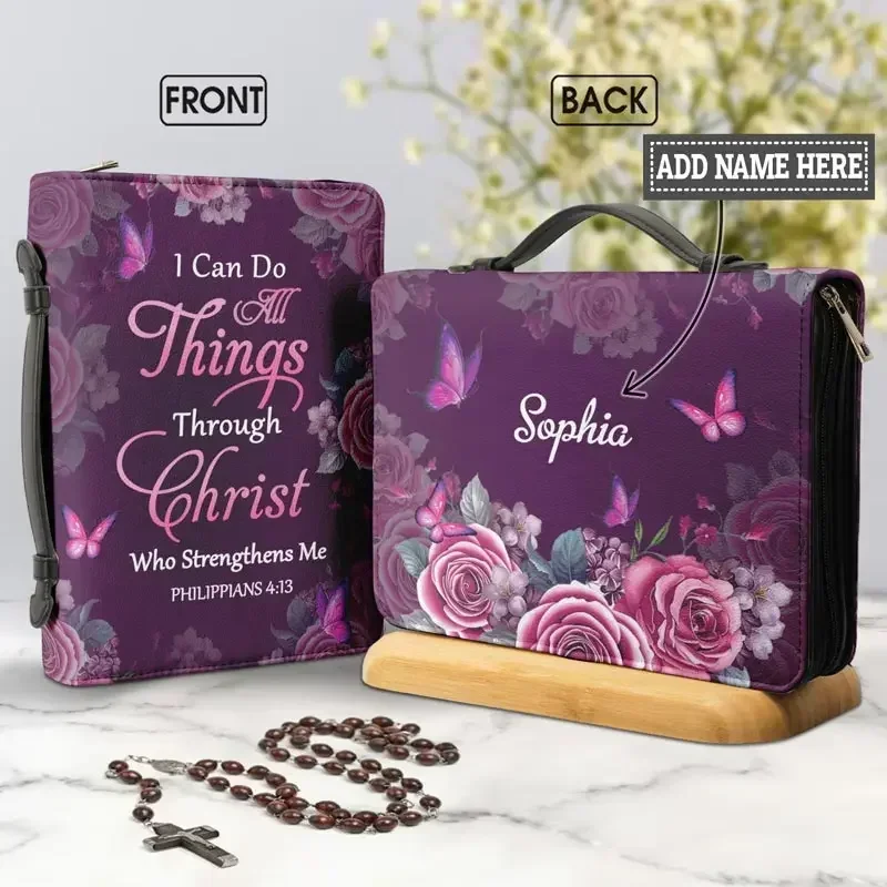 Women's Handbag Leather Zipper Handle Bible Carrying Case I Can Do All Things Through Christ Floral Butterflies Holy Bible Bags