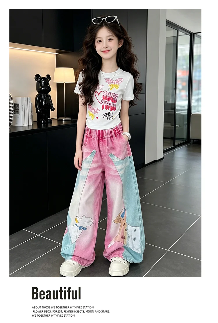 1 Set Mädchen Cartoon-Print-Set Kinder Sommer Kurzarm-Oberteile und Weitbein-Jeans-Anzug Modisches Kostüm Niedliche Kinder-Freizeitsets – Detail 4