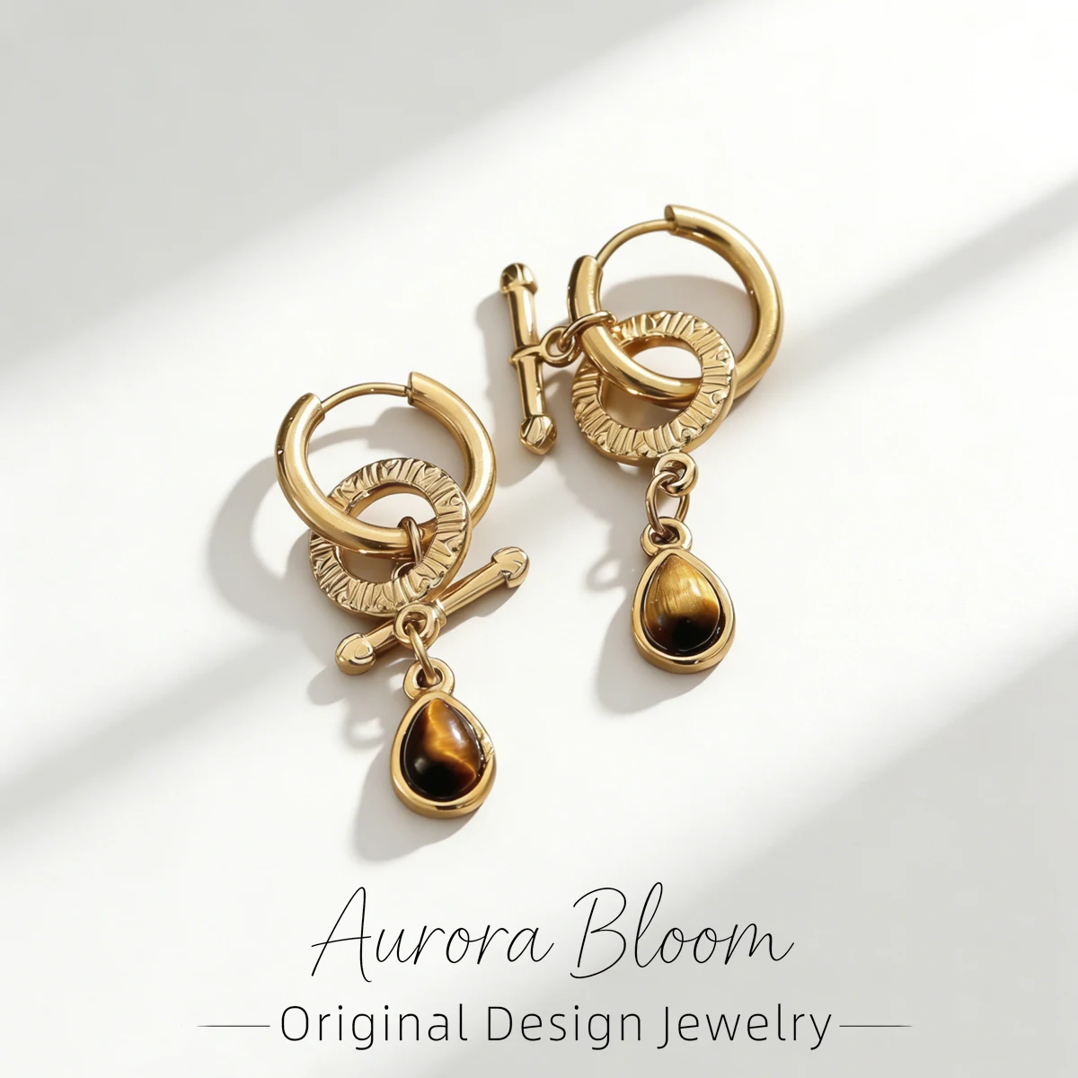 AURORA Retro Tropfenförmige Tigerauge Naturstein-Charm-Creolen für Damen, Täglicher Edelstahl-Schmuck, Accessoires – Detail 1