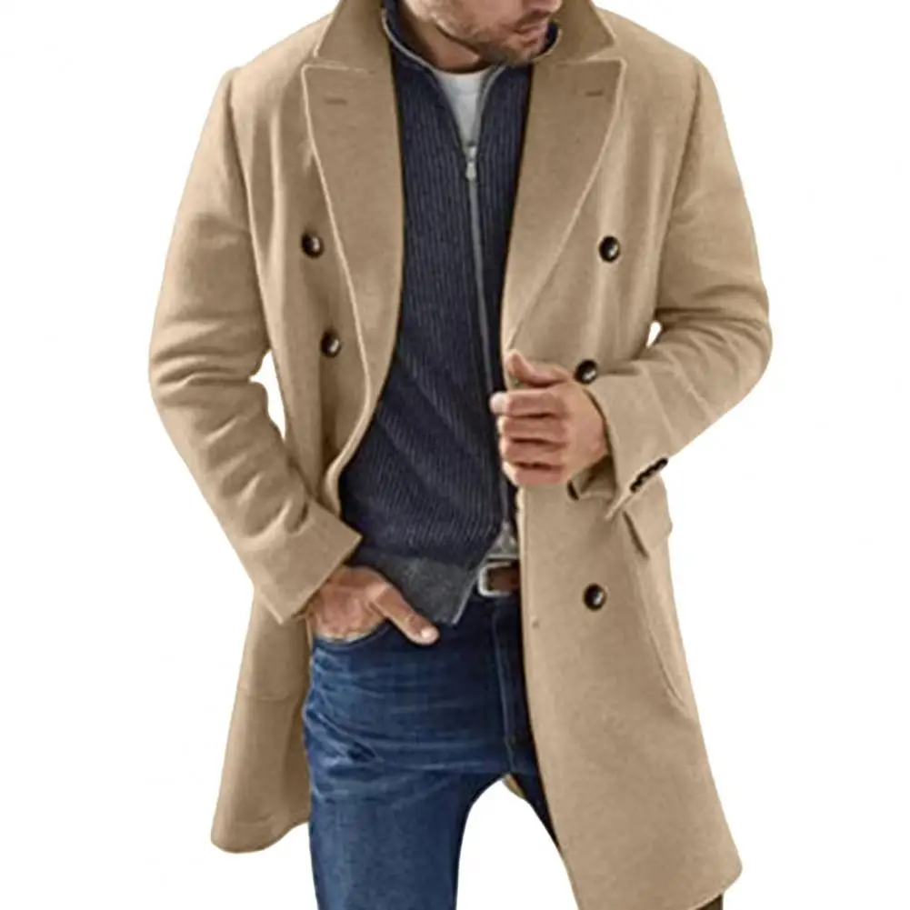 Men Fall Winter Overcoat Versatile Solid Color Casual Lapel Collar Knee-length Long Warm Thickened Fashion Cotton Liner Jacket