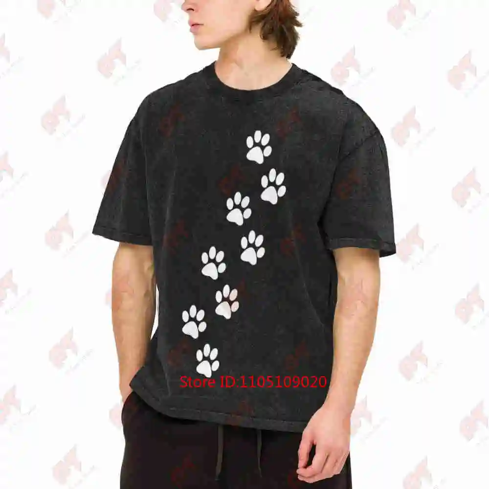 Black Paw Print Dog Bone Collar Vintage Washed Tee Pure Cotton T-Shirt