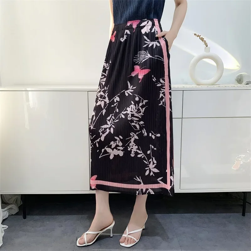 Miyake Retro Printed Pleated Bustier Female Fall New Temperament Commuting Thin Side Open Fork A-line Skirt