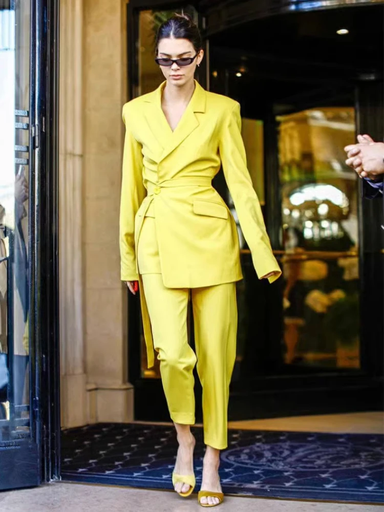 

Naturaleye Yellow Belted Slim Fit Suit Jacket And Pants Two Piece Set for Women Fashionable Autumn Outfit Long Sleeve Nine Po...