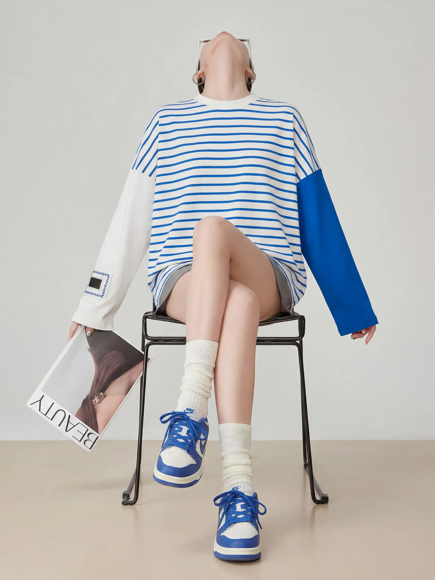 Camiseta Holgada de Manga Larga Estilo Coreano para Mujer, Primavera, Nueva, con Rayas Azules, Casual, con Parches, Versátil, Estilo Marinero