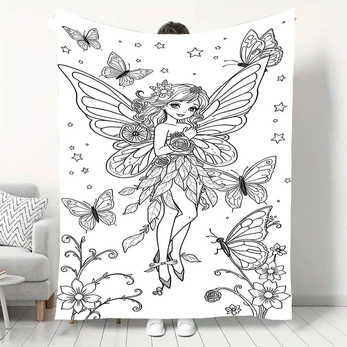 Whimsical Fairy Butterfly Floral Sketch Line Drawing Blanket Bohemian Boho Tapestry Print Cute Nursery Room Decor Throw Gift