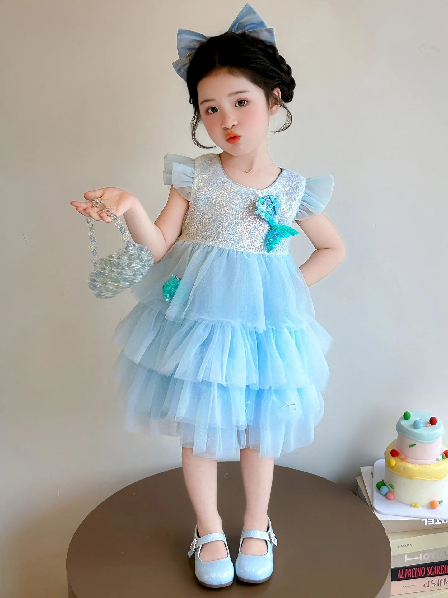Vestido de Tule com Lantejoulas para Meninas, Vestido de Verão Infantil, Saia Princesa Sereia, Fantasia de Aniversário, Vesti...