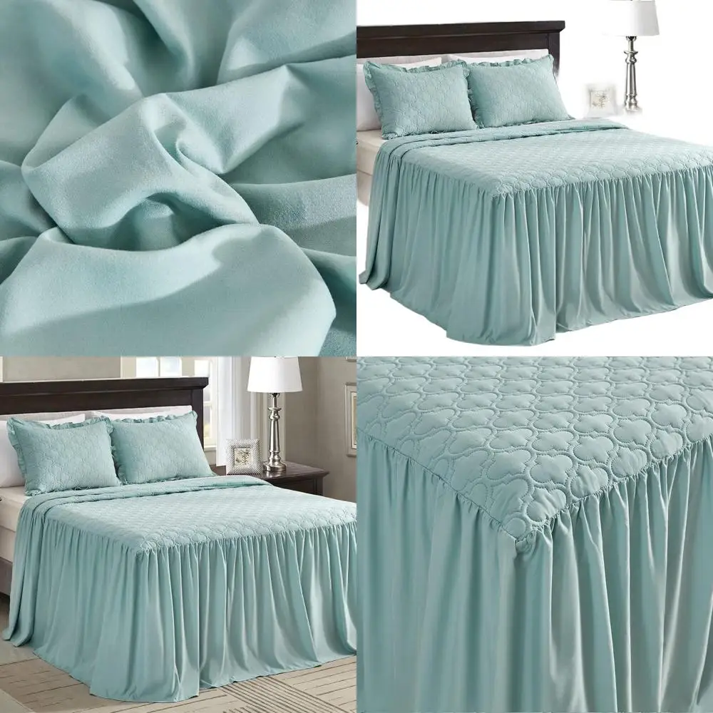 

King Size Shabby Chic Ruffle Skirt Bedspread, 30 Drop, 3-Piece Lightweight Set, Seaglass