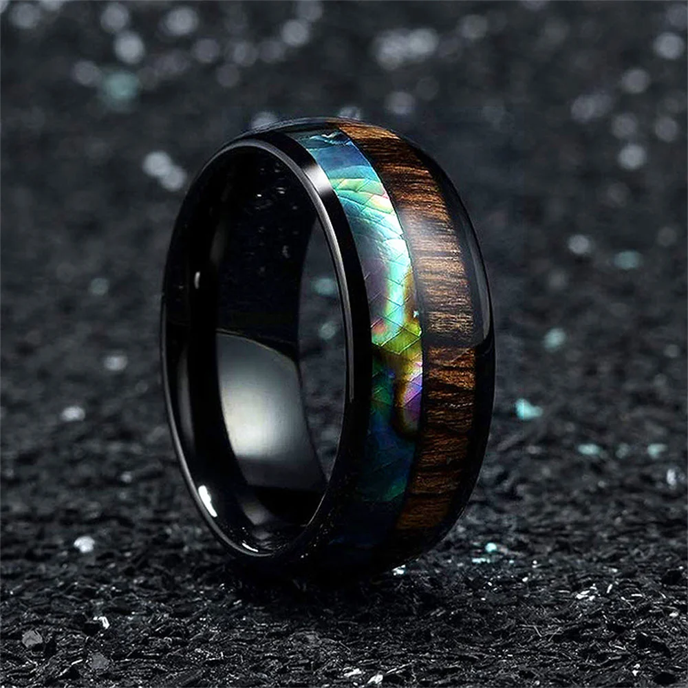 Fashion Men Black Stainless Steel Koa Wood Ring Inlay Colorful Abalone Shell Rings For Men Women Engagement Wedding Band Jewelry