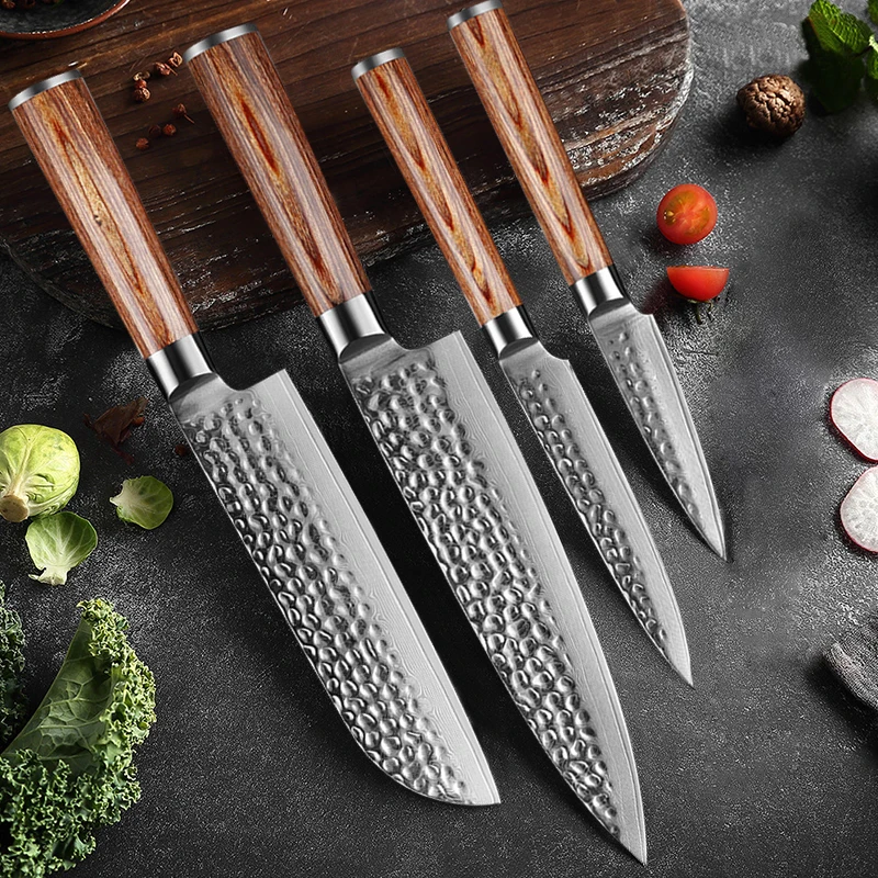 

1-5pcs Damascus Kitchen Knife Set Hammer Pattern Chef Knife High Hardness Meat Cleaver Household Bread Knife Fruit Knife