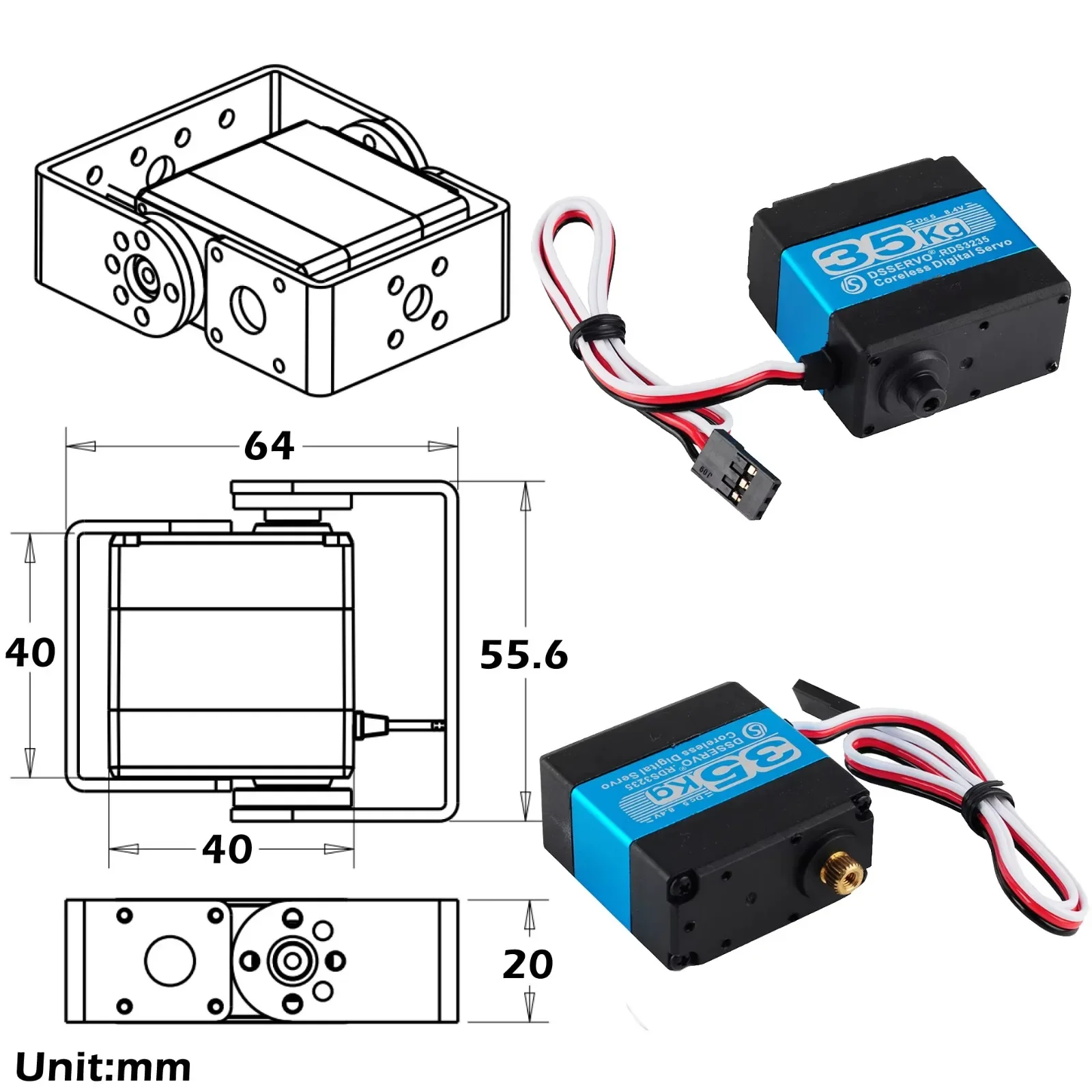 DS Servo RDS3235 محرك رقمي Coreless Robot Servo 35 كجم ترس معدني عزم دوران عالي مع لوحة ذراع قوس على شكل حرف U 180 ° /270 ° #3