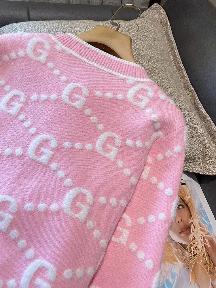 Luxury Pink Knitted Cardigan Women Sweater Autumn Winter Coat Letter Long Sleeve Short Tops Design Trend Women\'s Clothing New