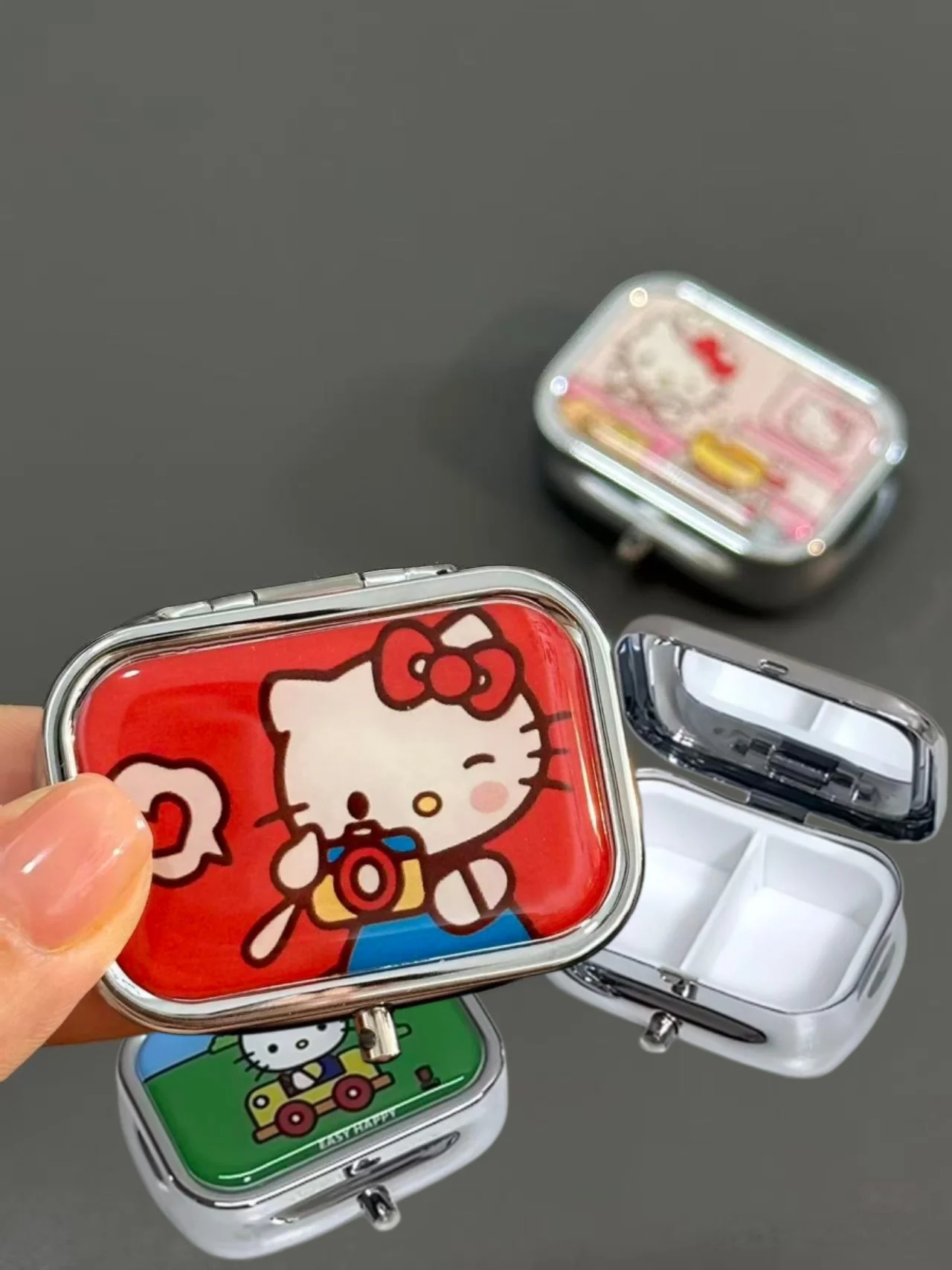Anime Sanrio Hello Kitty Metal Storage Box with Mirror Pill Organizer keep dry Cute Cartoon Mini Jewelry Box Candy Container