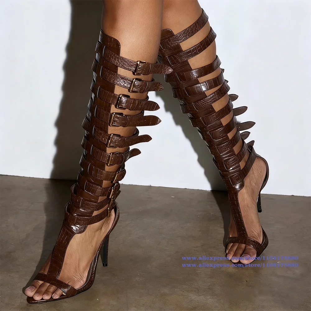 

Brown Crocodile-Embossed Strappy Sandals T-Strap Cut Outs Stiletto Heels Knee High Sandals Boots Women Sandalias De Mujer Verano