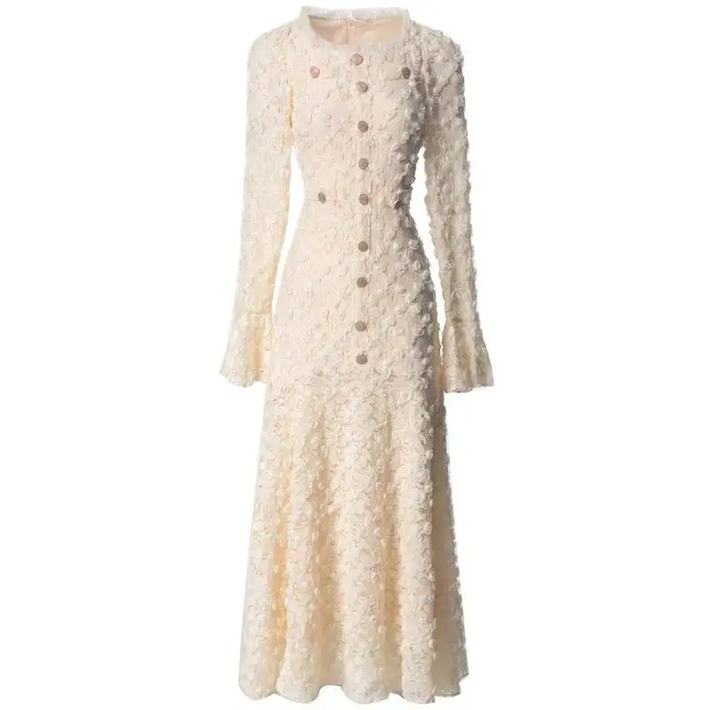 Fashion Red Jacquard Dress Women's Round Neck Slim Single Breasted Flare Sleeves Hook Flower Hollow Dresses New 3RZU0