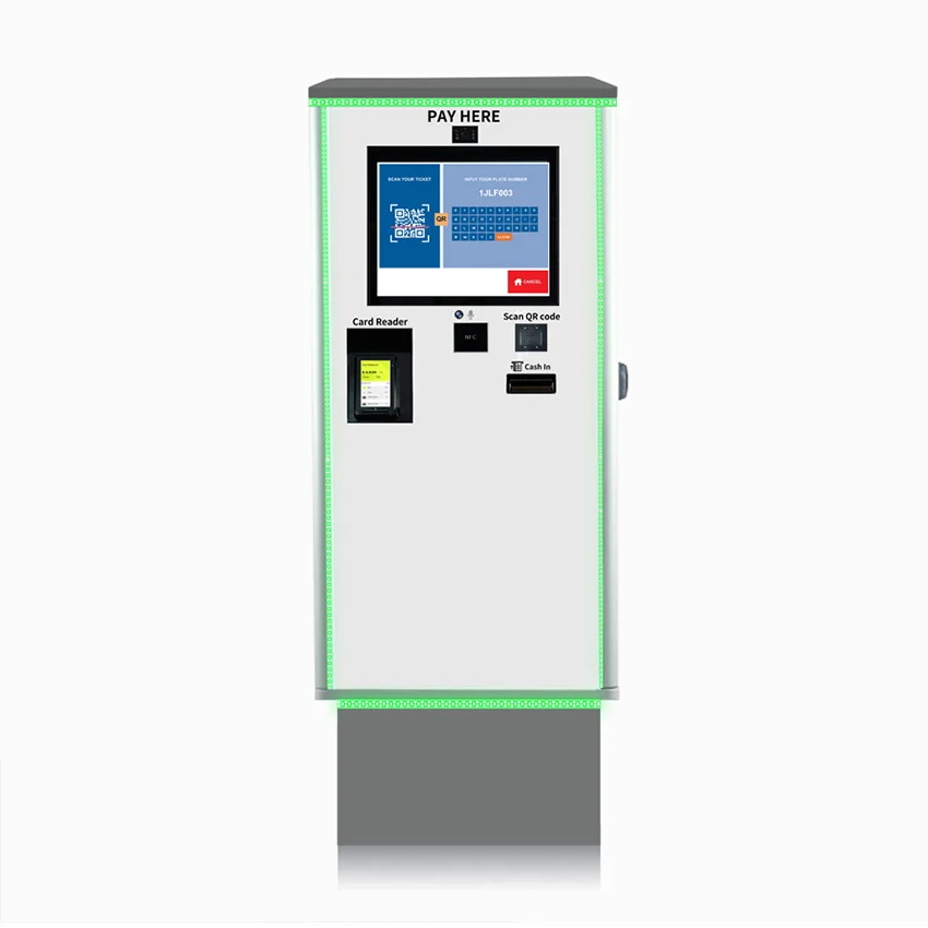 for Parking Lot Garage Management System Self-Service Payment Kiosk with Touchscreen and Multi-Coin Bill QR Code Reader