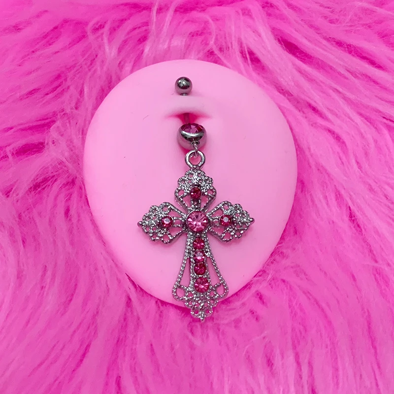 Y2K Body Accessory Bling Crystal Pink Cross Belly Rings Punk Aesthetic Body Piercing Belly Piercing Jewelry Egirl Korean Fashion