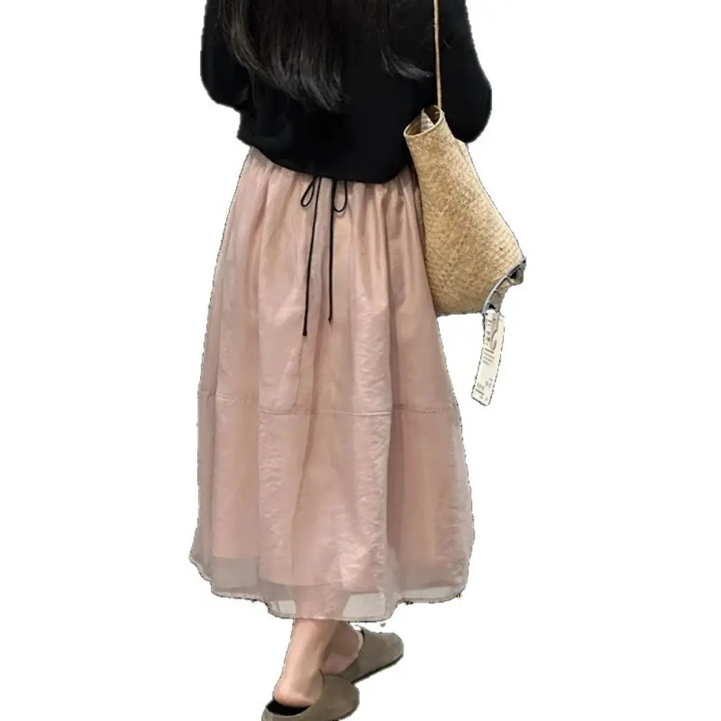 Grauer Chiffonrock für Damen, hohe Taille, schlankmachend, A-Linie, französischer Stil, eleganter Schleier, Sommer, Neu