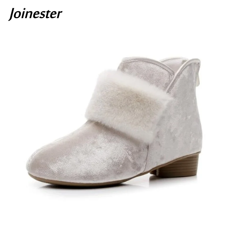 

Women Flock Ankle Boots with Artificial Fur Vintage Style Back Zip Short Booties for Winter Mid Heeled Warm Footwear