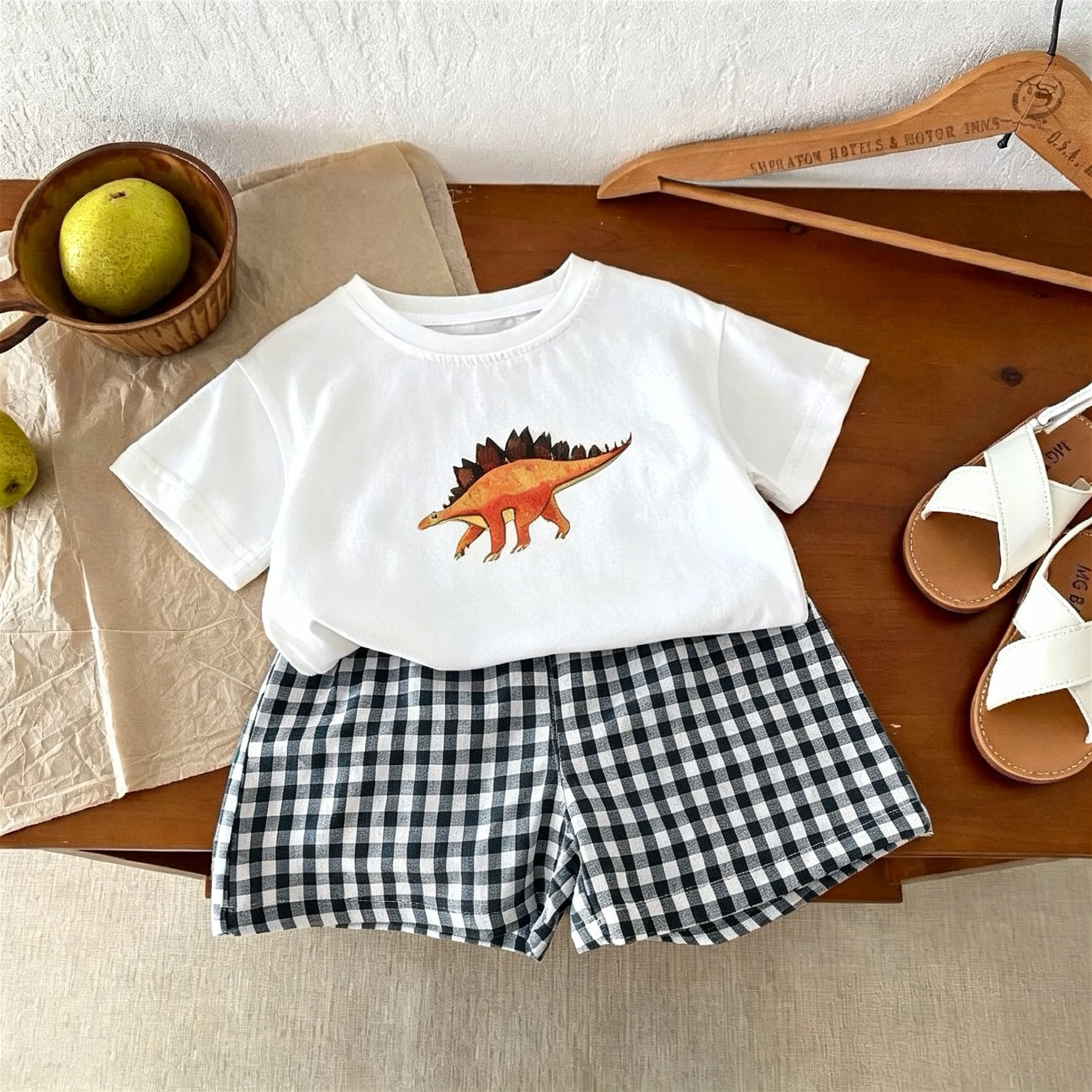1-6 Year Old Children's Clothes Dinosaur T-shirt Set Summer Thin Casual Kids Short Sleeve Tees + Plaid Shorts Girl Boy 2pc/set
