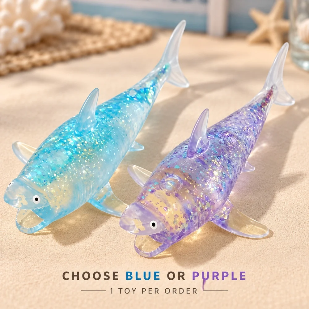 Shark Squishy Toy Clear Blue or Purple TPR with Shiny Flakes Open Mouth Ocean Animal Squeeze Fidget Gift for Teens and Adults