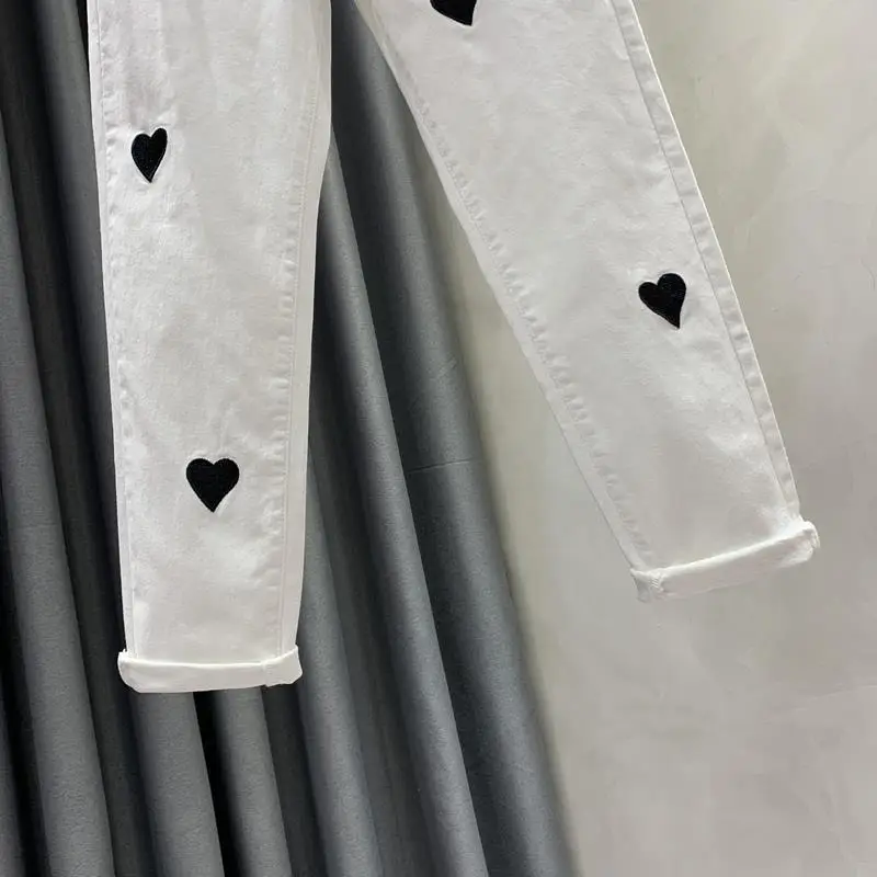 Women's Clothing Embroidery Heart Jeans White New High Waist Stretch Slim Fit Cropped Skinny Jeans White Women Pants