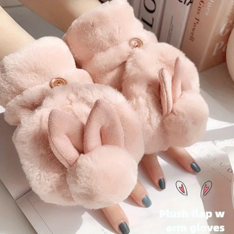 Guantes con tapa abatible de piel de conejo Kawaii: manoplas de medio dedo con forro de felpa para estudiantes | Calentadores de manos para clima frío