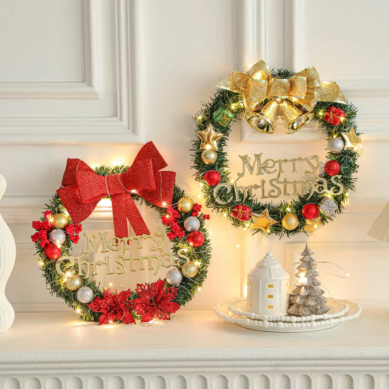 

Christmas Wreath for Door with Merry Christmas Bow Golden Bells Artificial Pine Xmas Hanging Decor for Home Festival Party Wall